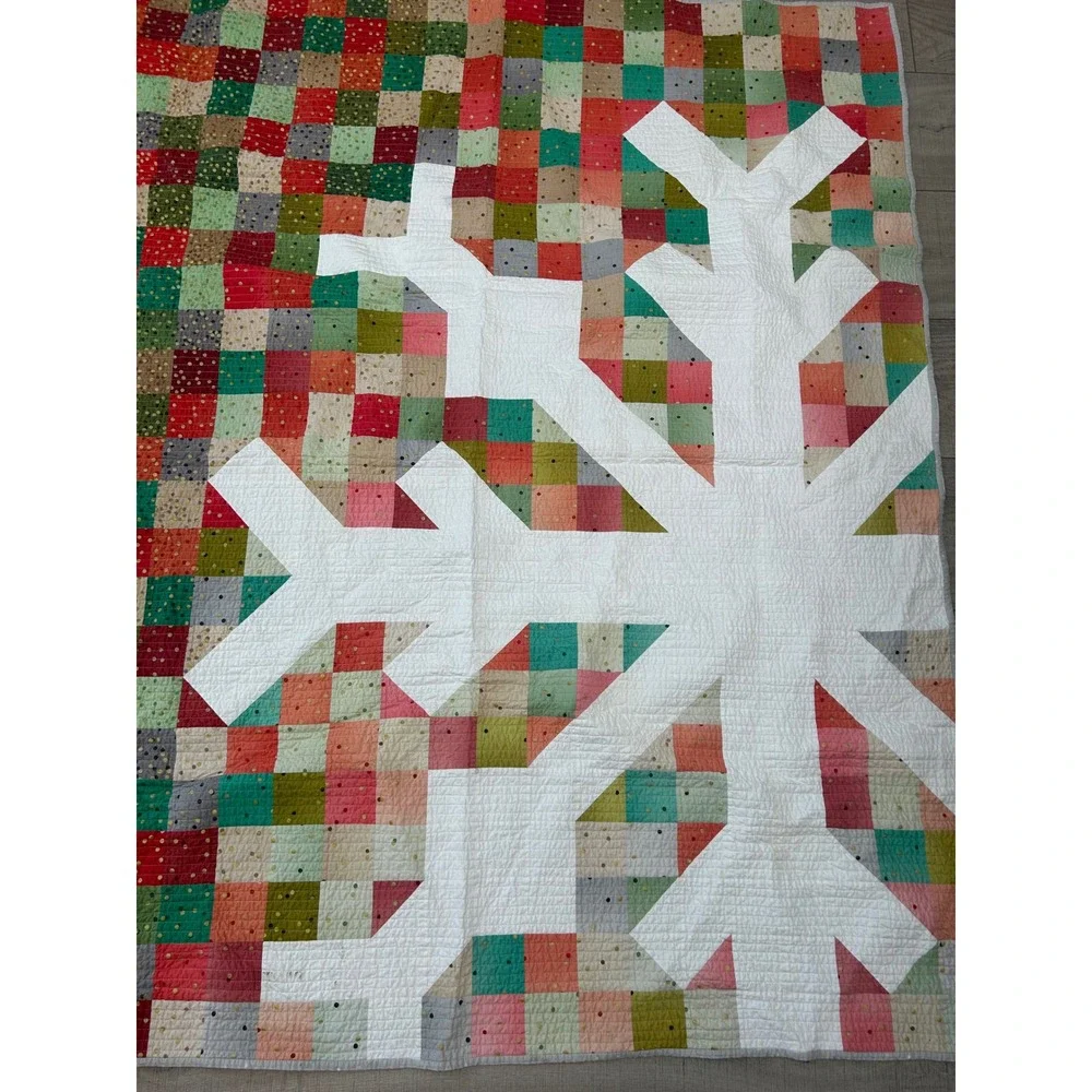 Handmade Snowflake Patchwork Quilt Multicolor Christmas Winter Throw  55x66